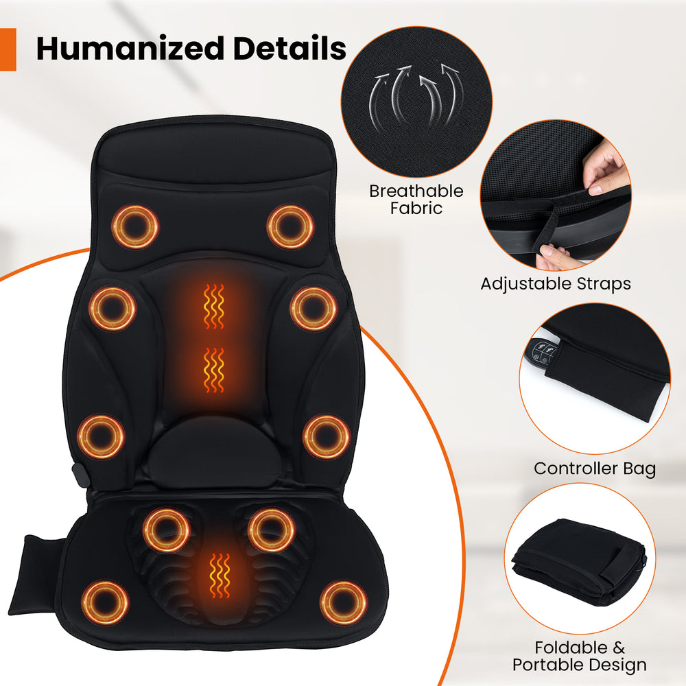 Back massager seat cushion in black with 10 vibration motors, adjustable straps, and portable design for versatile use.