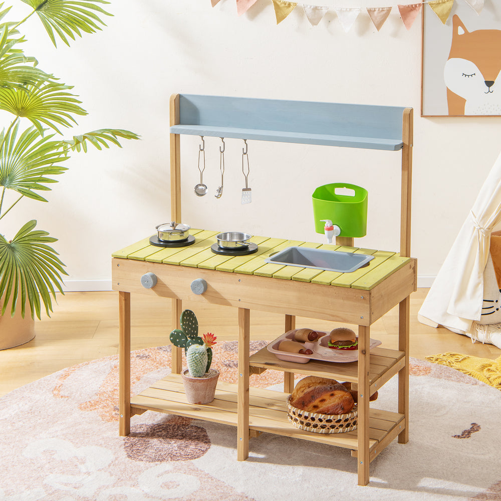 Backyard pretend play toy kitchen with stove top, solid pine wood, multiple shelves, and hooks for outdoor fun.