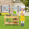 Backyard pretend play toy kitchen with stove top, solid pine wood, includes shelves and hooks for outdoor fun.