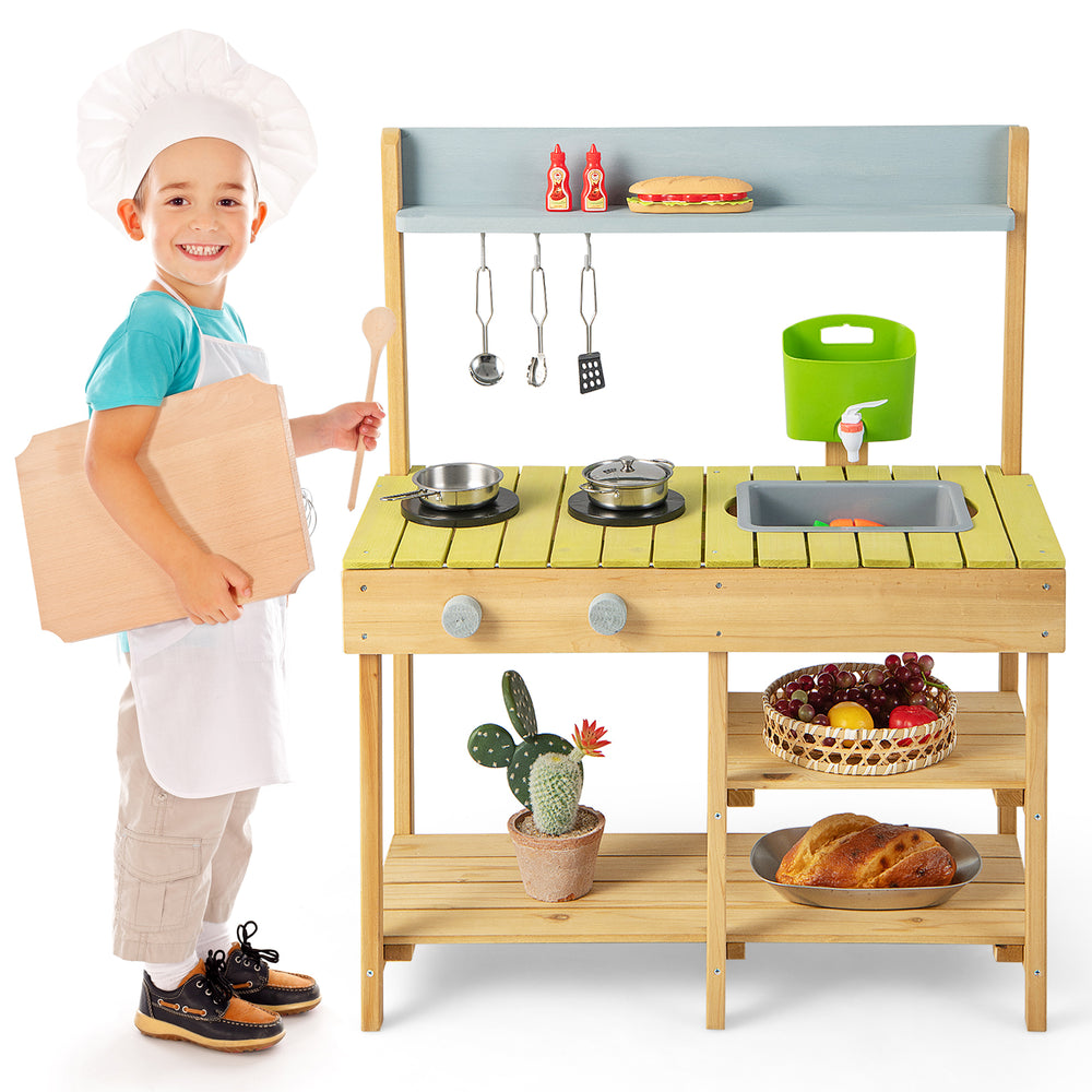Backyard pretend play toy kitchen with stove top, solid pine wood, multiple shelves, ideal for outdoor playtime.