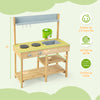 Backyard pretend play toy kitchen with stove top, solid pine wood, multiple shelves, and hanging hooks for outdoor fun.
