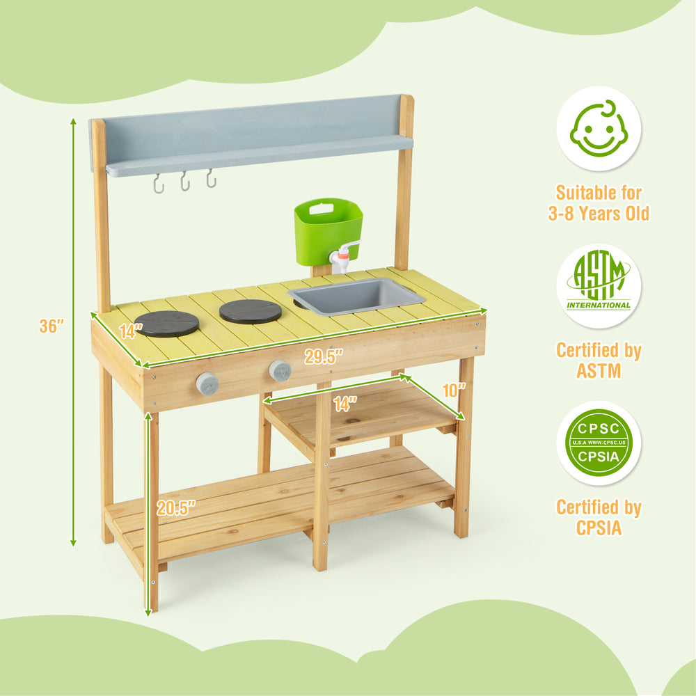 Backyard pretend play toy kitchen with stove top, solid pine wood, multiple shelves, and hanging hooks for outdoor fun.