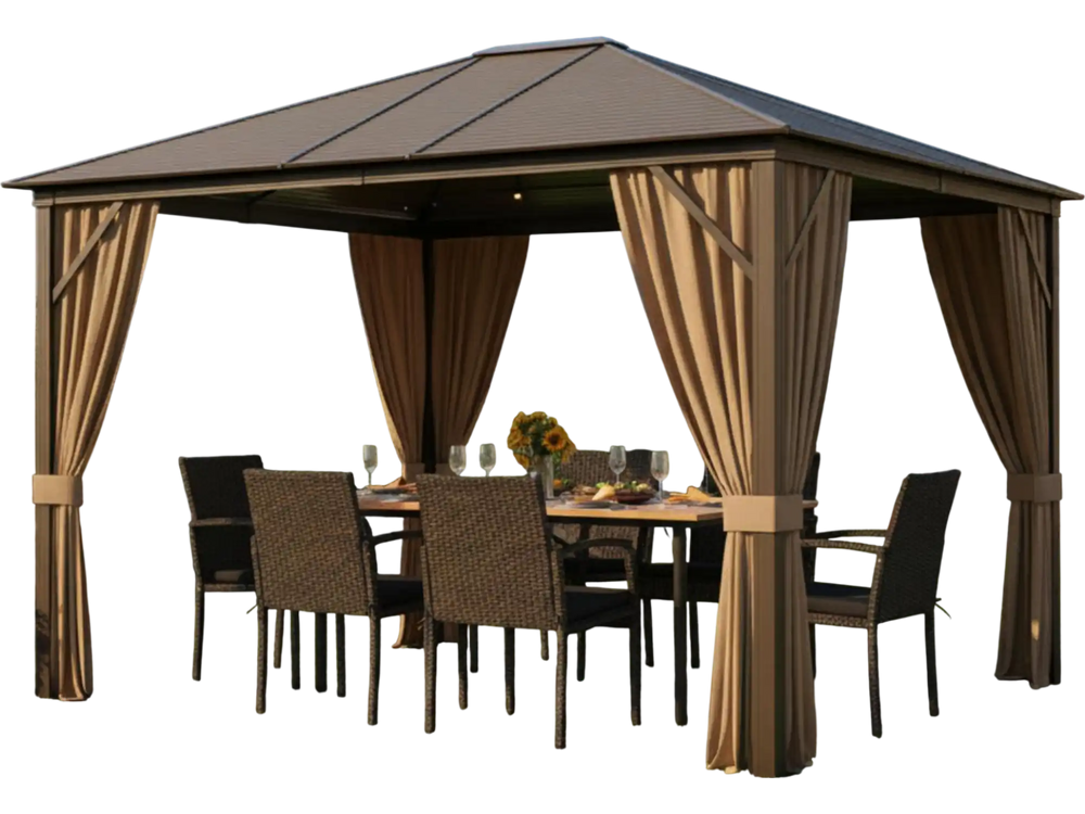 All-weather gazebo with dining set, featuring a galvanized steel hardtop and zippered curtains for outdoor entertaining.