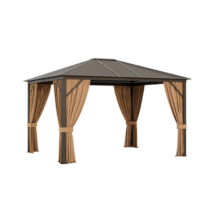 All-weather gazebo with zippered curtains and aluminum frame, perfect for outdoor dining and relaxation.