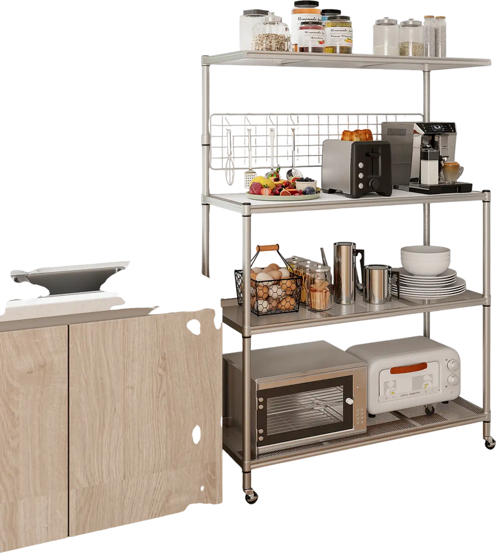 Close-up of the 4-tier bakers rack on wheels, showcasing its sturdy metal structure and removable S-shaped hanging.