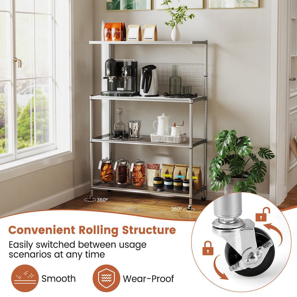 4-tier bakers rack on wheels with adjustable shelves, featuring a convenient rolling structure for kitchen organization.