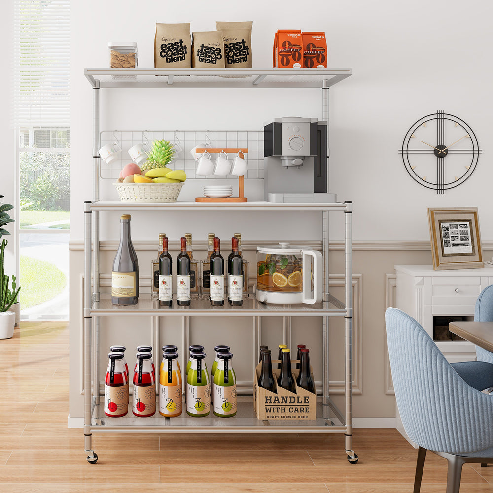 4-tier silver bakers rack on wheels with adjustable shelves, ideal for kitchen organization and storage.