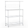 4-tier bakers rack on wheels in silver with adjustable shelves and removable hooks for efficient kitchen organization.