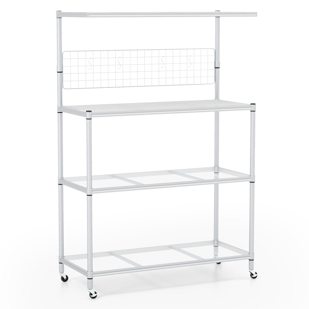 4-tier bakers rack on wheels in silver with adjustable shelves and removable hooks for efficient kitchen organization.