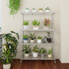 Front view of the 4-tier bakers rack on wheels in silver, displaying potted plants and ample storage space for kitchen.