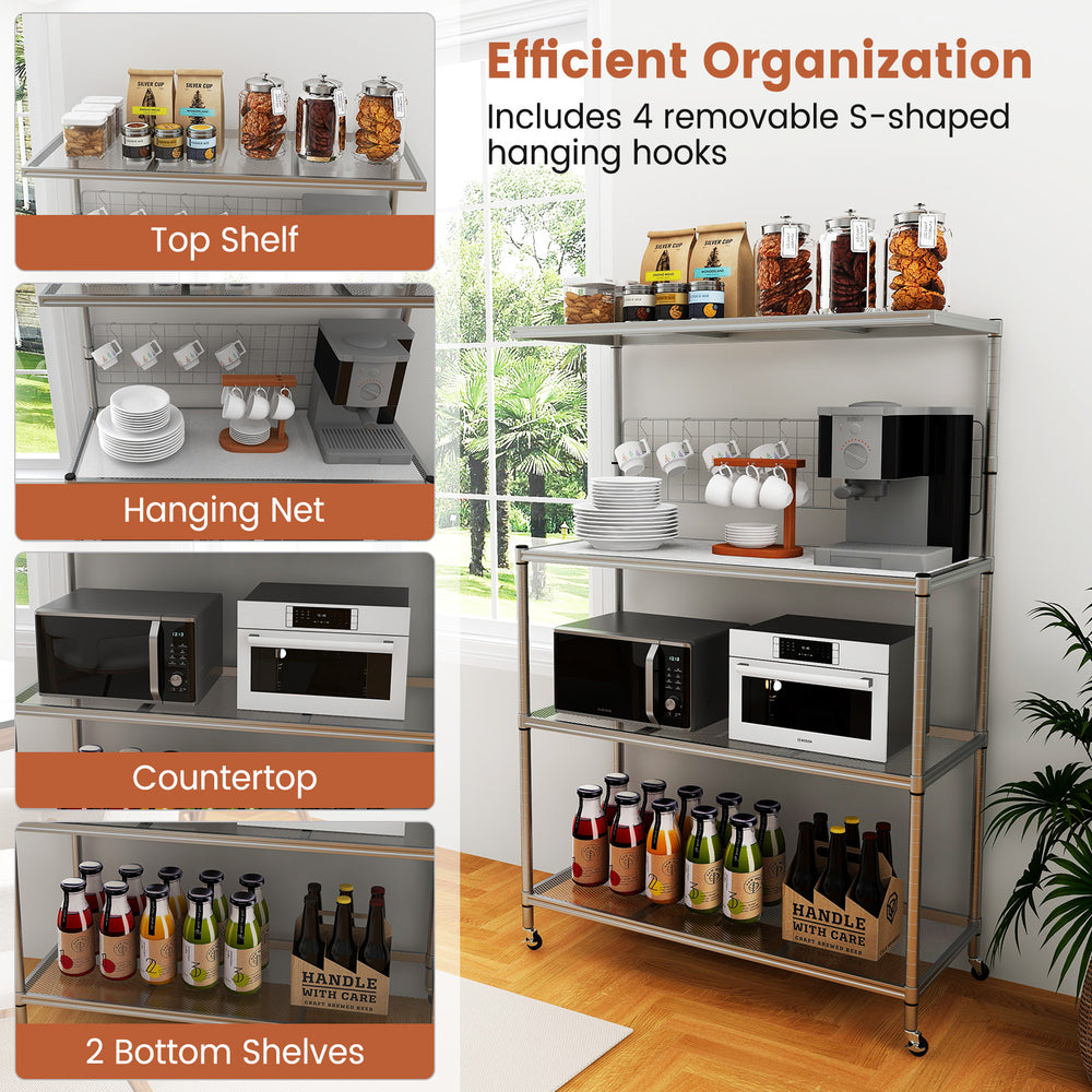4-tier bakers rack on wheels with adjustable shelves, featuring 4 hooks and a hanging net for efficient kitchen.