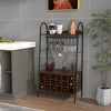 Rustic brown baker's rack with detachable wine rack, holding 18 bottles and 15 glasses, perfect for kitchen or dining.