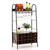 Baker's rack in rustic brown with detachable wine rack, holding 18 bottles and 15 glasses, ideal for kitchen or bar.