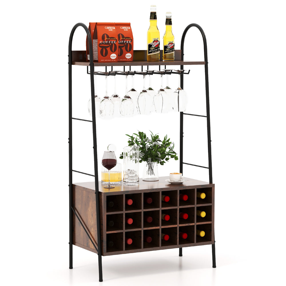 Baker's rack in rustic brown with detachable wine rack, holding 18 bottles and 15 glasses, ideal for kitchen or bar.