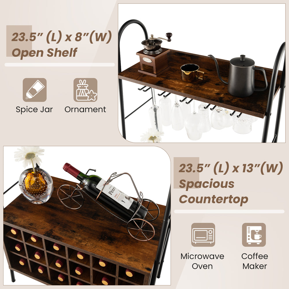 Rustic brown baker's rack featuring a detachable wine rack for 18 bottles and 5 rows for 15 glasses, ideal for kitchen.