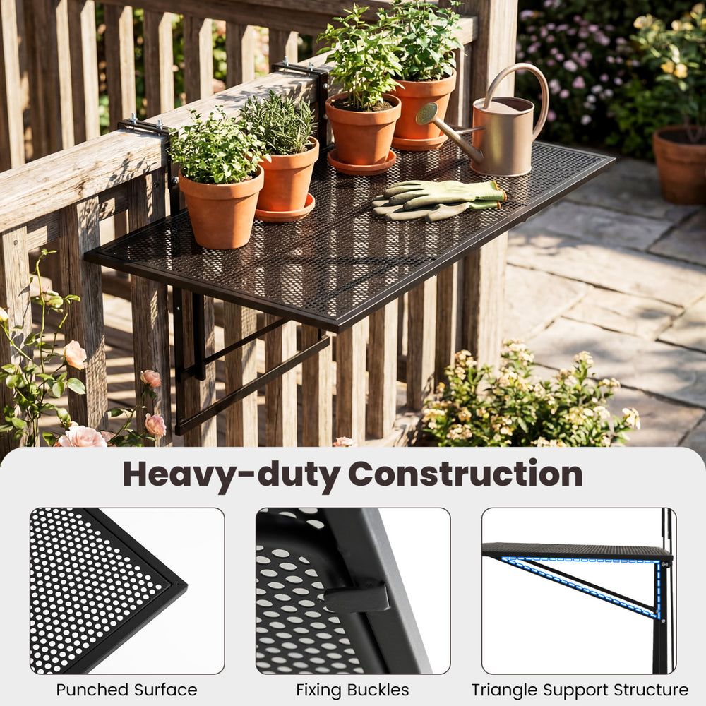 Large metal folding bar table with punched surface, adjustable height, and triangle support for balcony use.