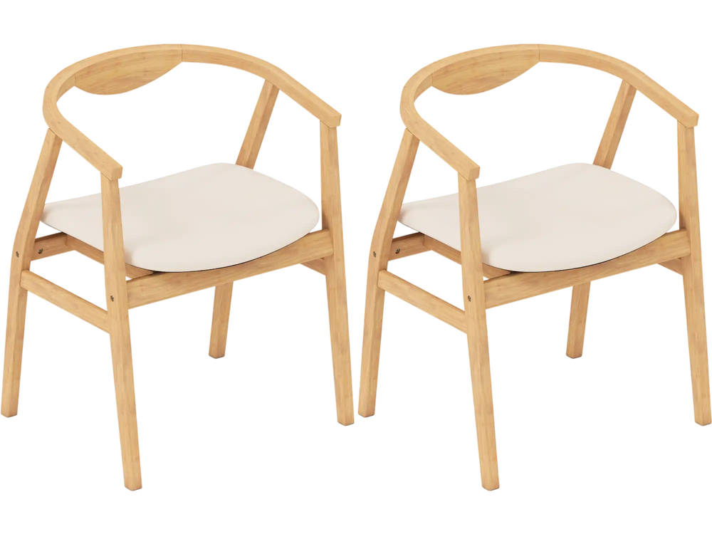 Bamboo accent chairs with armrests and curved backrests, featuring soft cushions for comfort, ideal for dining or.