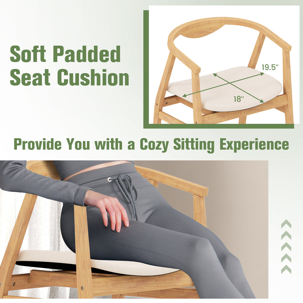 Bamboo accent chair with armrest, featuring a soft padded seat cushion for cozy sitting experience in natural finish.