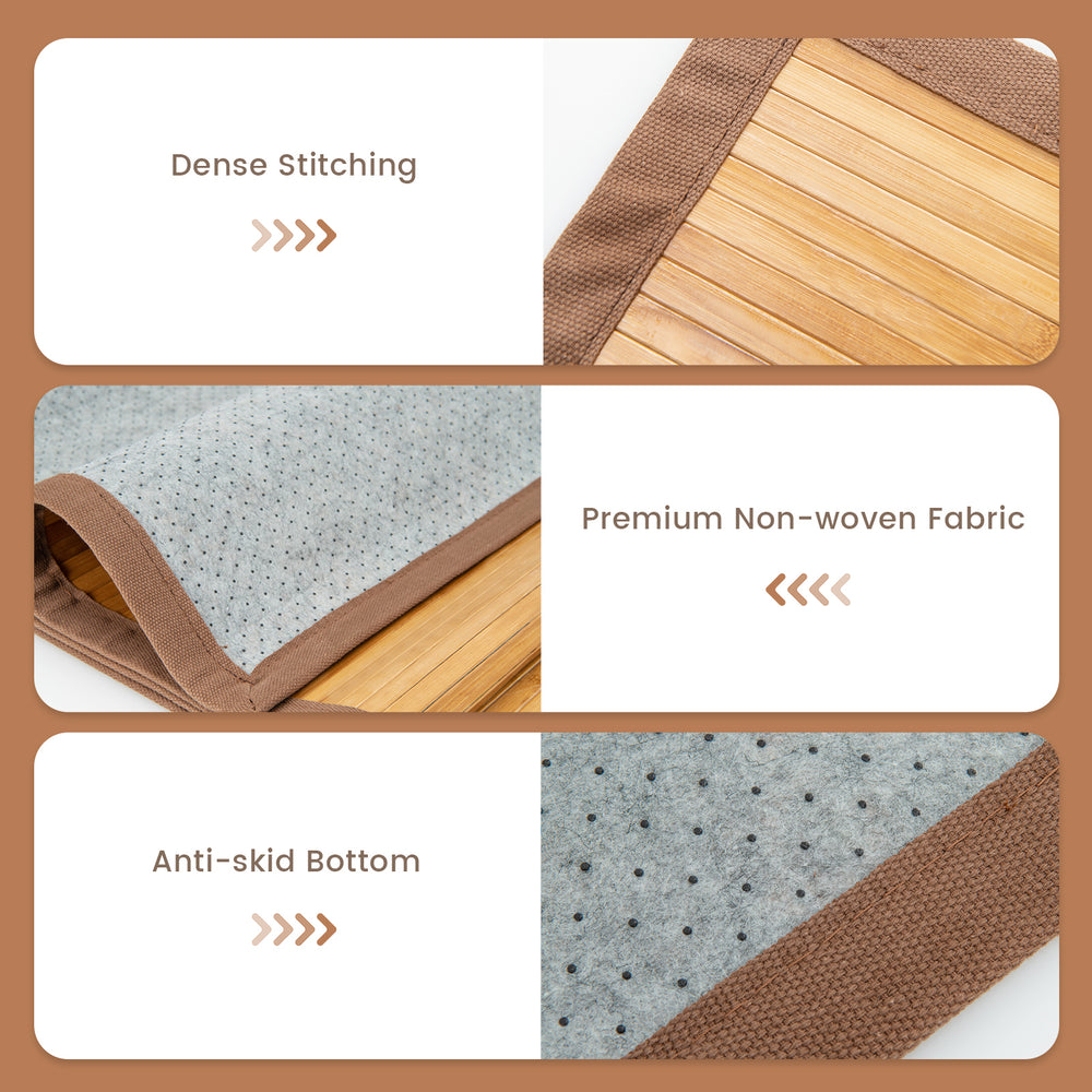 Close-up of the 5 x 8 feet bamboo floor mat showcasing dense stitching and anti-skid backing for safety in living rooms.