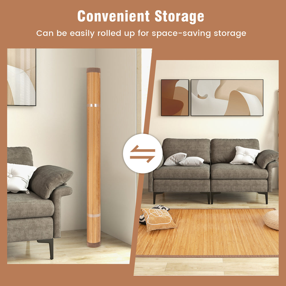 Bamboo floor mat rolled up for convenient storage, measuring 5 x 8 feet with anti-slip backing for safety.