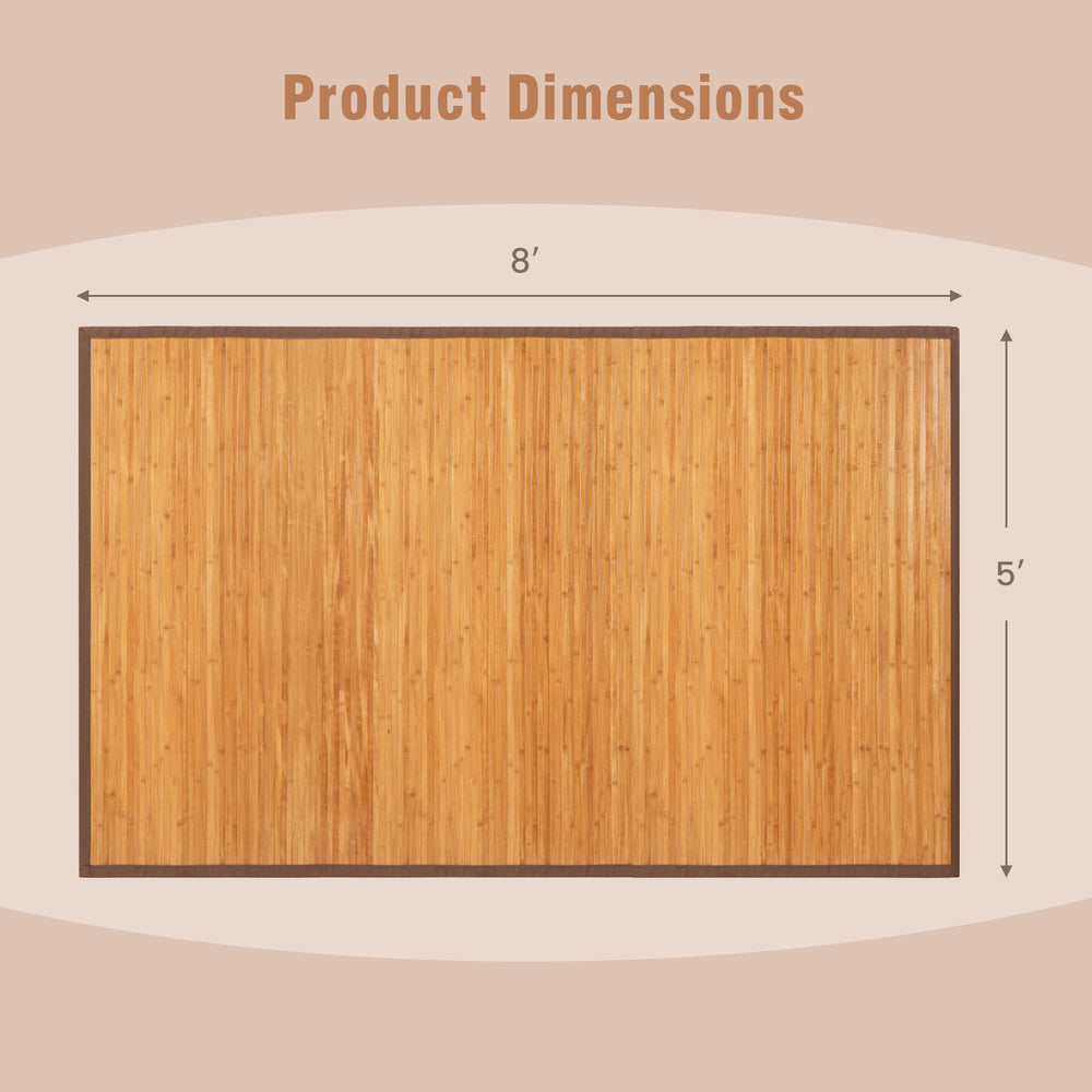 Bamboo floor mat dimensions of 5 x 8 feet with anti-slip backing, ideal for living room or bedroom use.