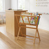 Bamboo art print rack with open storage design and X-shaped support legs for displaying canvases and posters.
