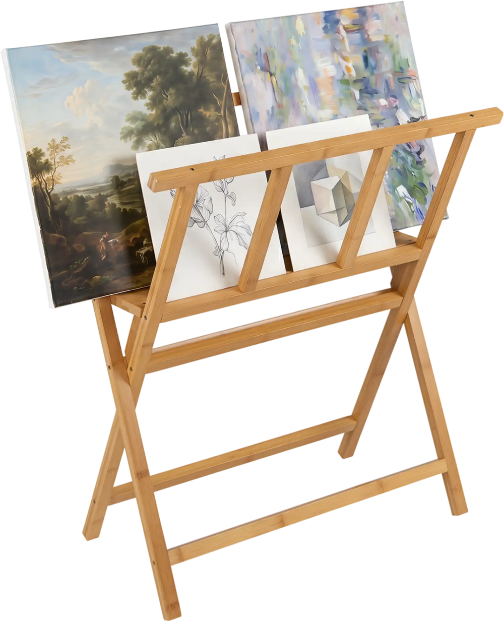 Bamboo art print rack with X-shaped support holds canvases up to 34" x 19" for organized display in art studios or galleries.