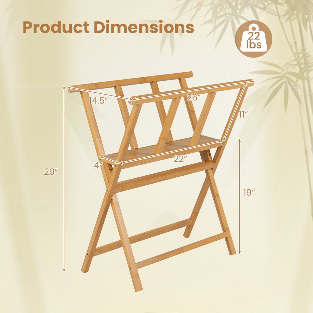 Bamboo art print rack dimensions showing a lightweight, freestanding design for storing and displaying canvases and artwork.