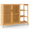 Bamboo bathroom cabinet showcasing open shelves and a slatted design, perfect for storage in various home areas.