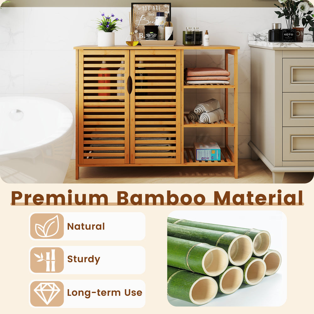 Bamboo bathroom cabinet with 2 doors and shelves, featuring a slatted design for water drainage and easy access.