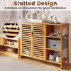 Bamboo bathroom cabinet with slatted design, 2-door storage, and open shelves for easy access and ventilation.