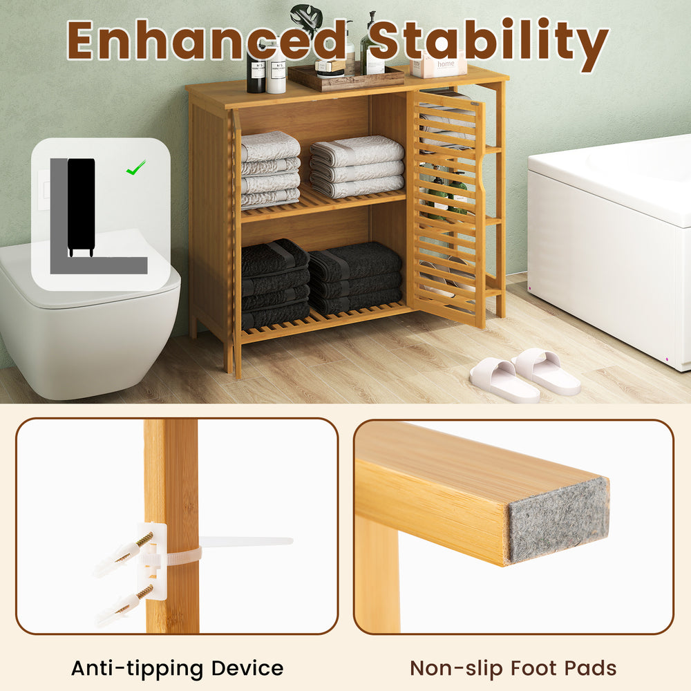 Bamboo bathroom cabinet with 2 doors and open shelves, featuring anti-tipping device and non-slip foot pads for.