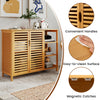 Bamboo bathroom cabinet with 2 doors, slatted design, and open shelves for convenient storage and easy access.