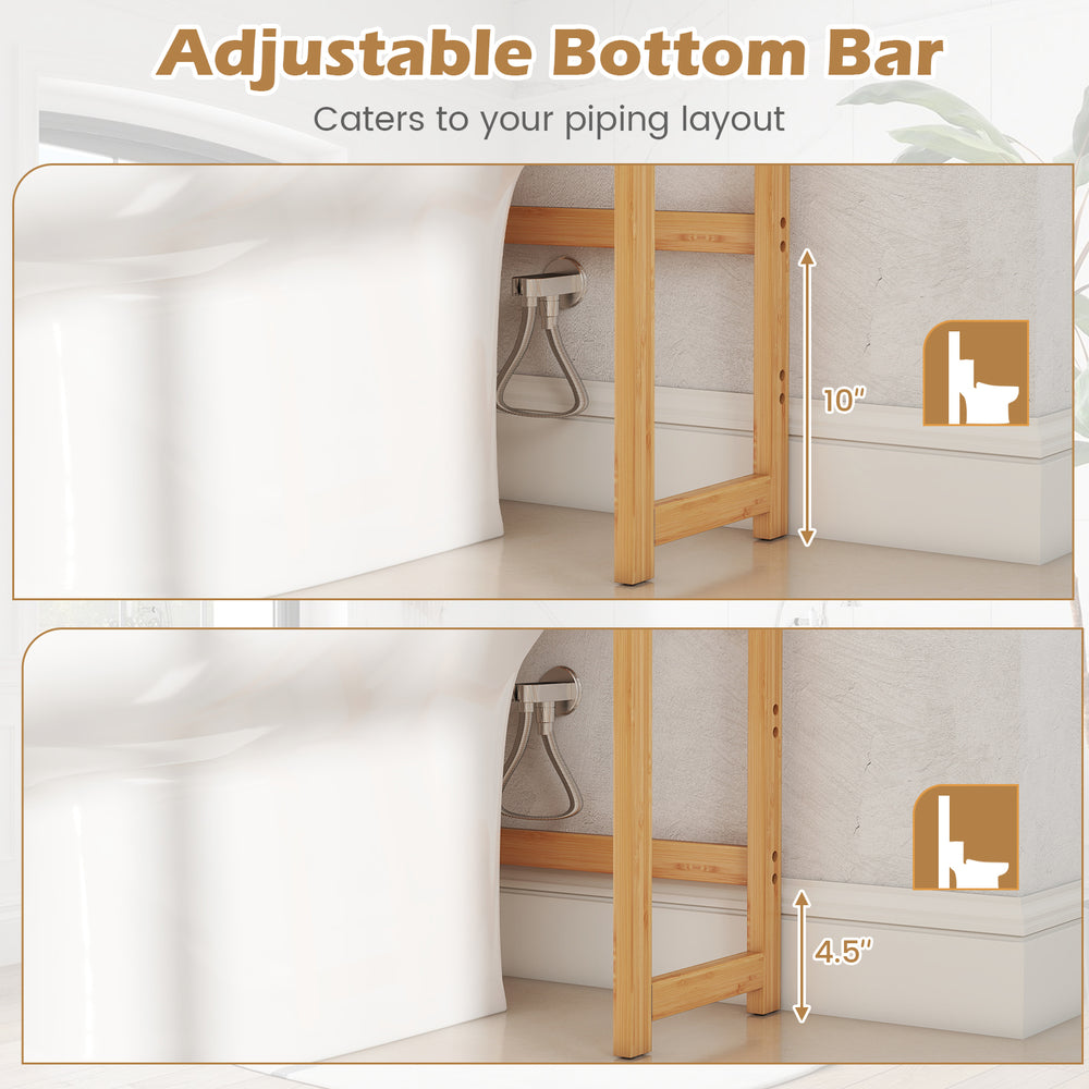 Adjustable bottom bar of the 3-tier bamboo bathroom organizer, showcasing height options for piping layout flexibility.