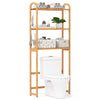 Natural bamboo bathroom floor organizer featuring a sleek design with 5-position shelves and 3 hooks for versatile.