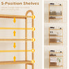 3-tier bamboo bathroom organizer with 5-position shelves and 3 hooks, ideal for flexible storage and towel hanging.