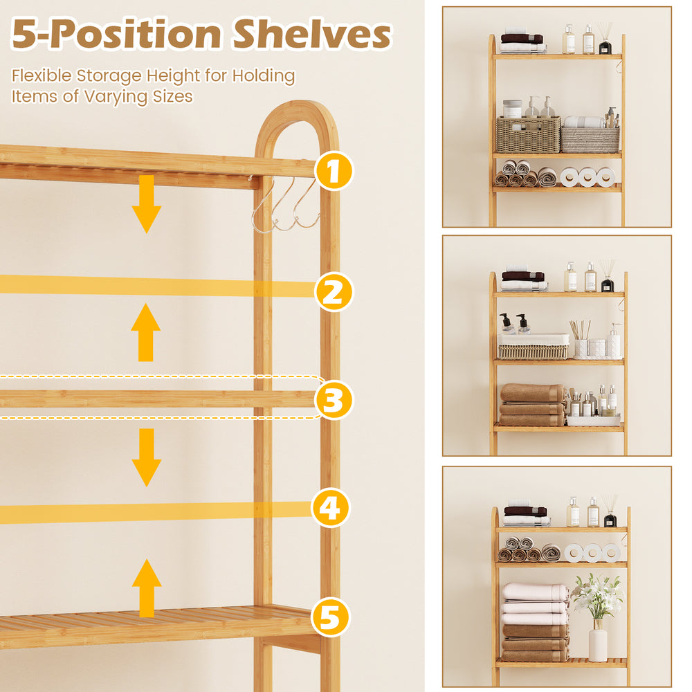 3-tier bamboo bathroom organizer with 5-position shelves and 3 hooks, ideal for flexible storage and towel hanging.