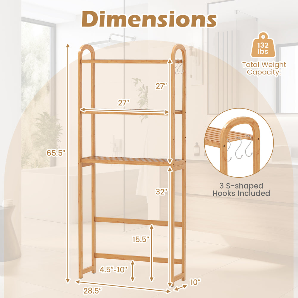 3-Tier bamboo bathroom floor organizer with adjustable shelves, 3 hooks, and a total weight capacity of 132 lbs.