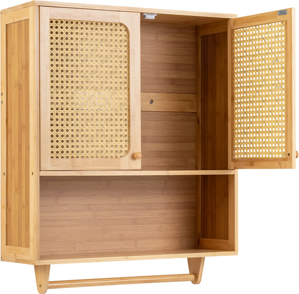 Bamboo bathroom wall cabinet features ventilated doors, a towel rack, and multi-layer storage for organized essentials.