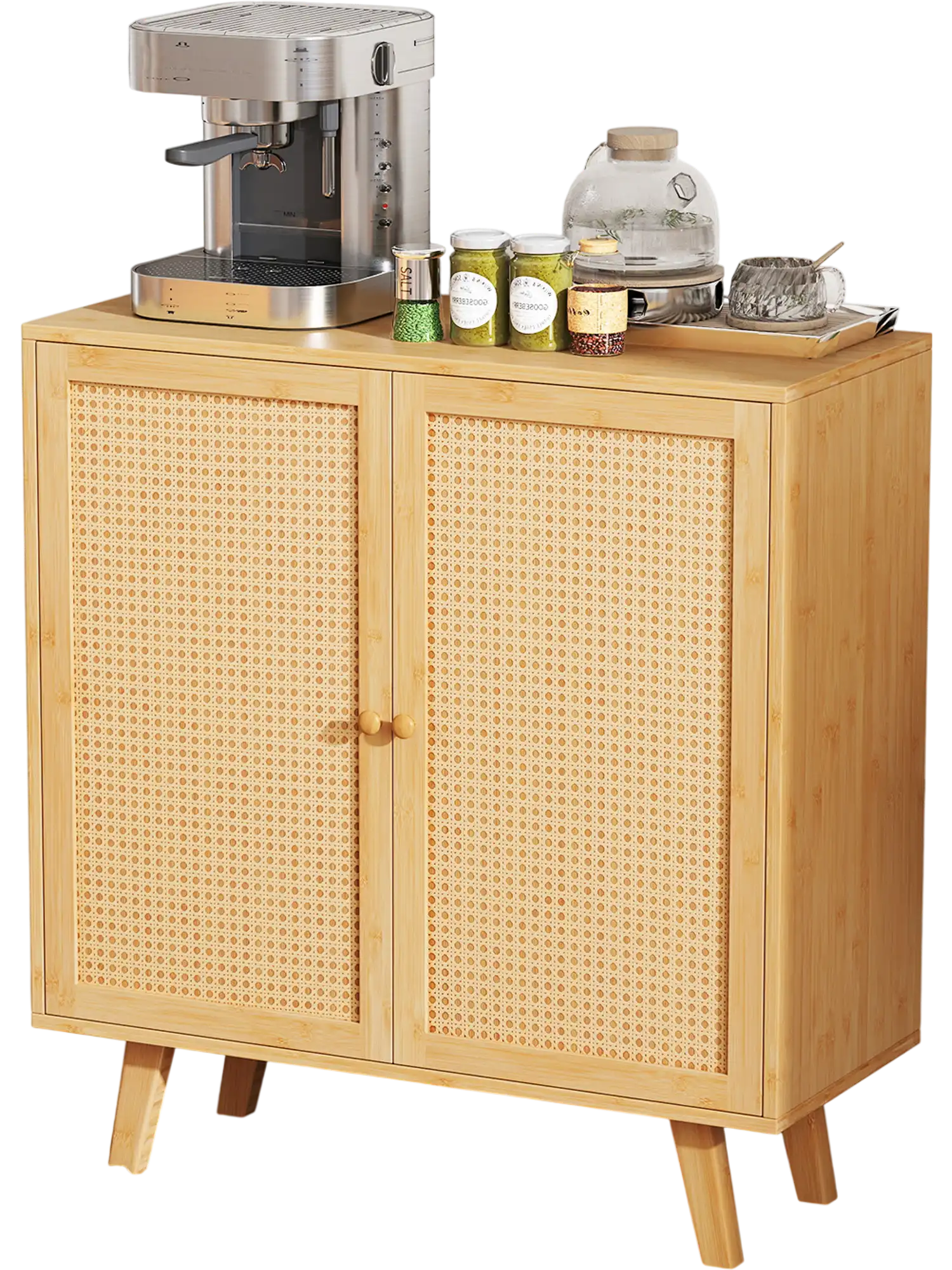 Costway Bamboo Buffet Storage Cabinet PE Rattan Doors Freestanding Kitchen Cupboard 265198743 New