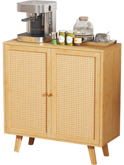 Costway Bamboo Buffet Storage Cabinet PE Rattan Doors Freestanding Kitchen Cupboard 265198743 New