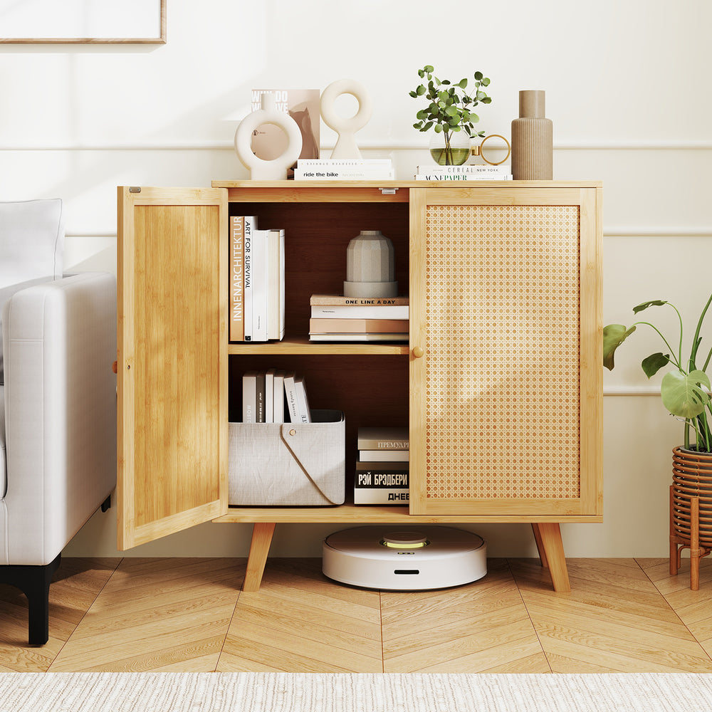 Bamboo buffet storage cabinet with PE rattan doors, featuring double doors and a stylish boho design for kitchen.