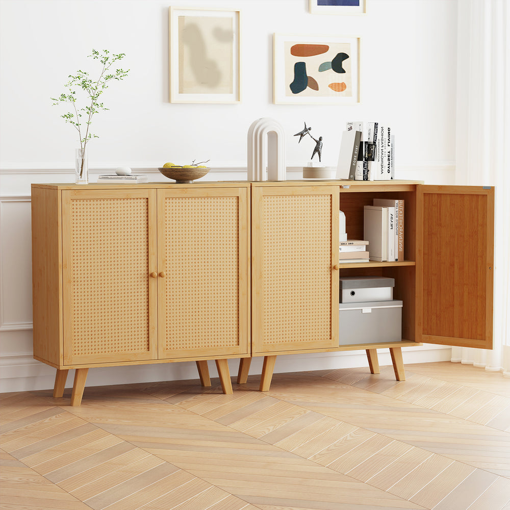 Bamboo buffet storage cabinet with PE rattan doors, featuring a spacious top and double doors for kitchen organization.
