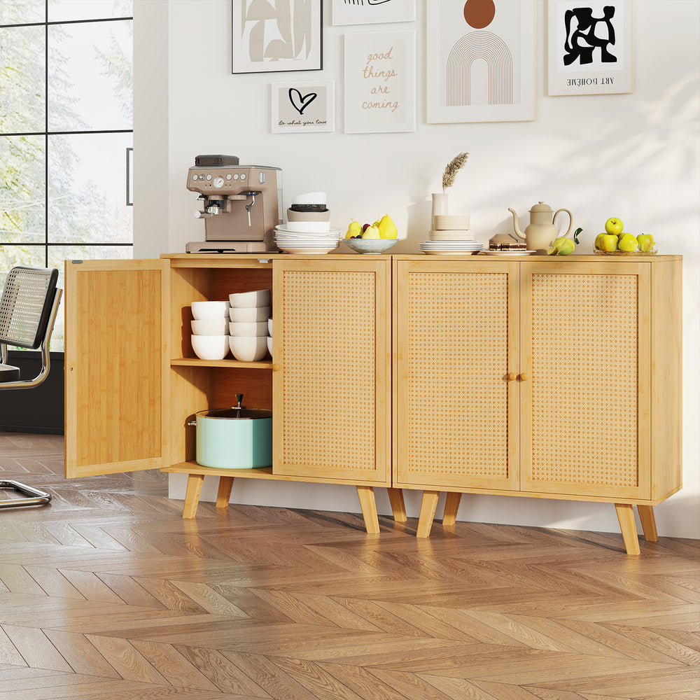 Bamboo buffet storage cabinet with PE rattan doors, featuring double doors and a chic boho-inspired design for kitchen.