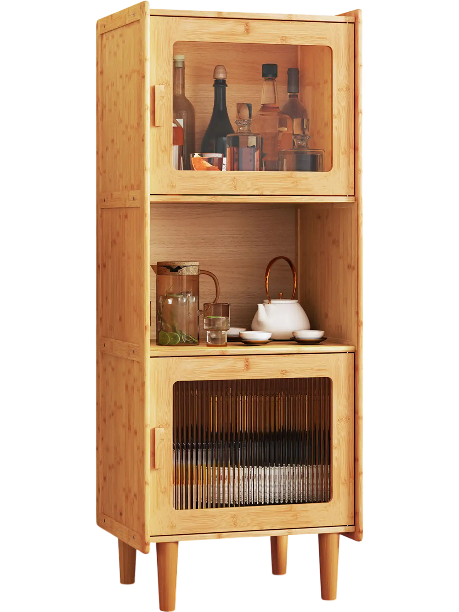 Costway 3-Cube Bamboo Storage Cabinet w/ Open Compartment & 2 Acrylic Doors 613987542 New