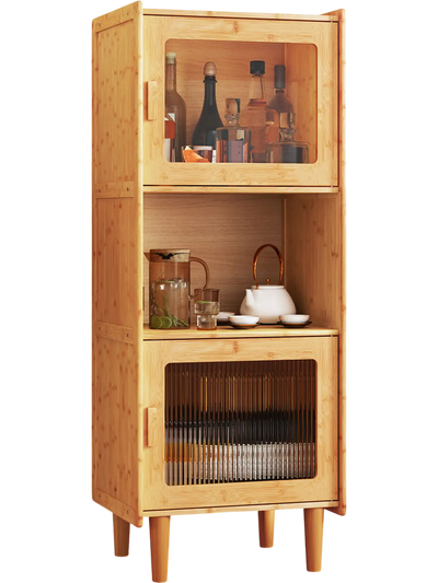 Costway 3-Cube Bamboo Storage Cabinet w/ Open Compartment & 2 Acrylic Doors 613987542 New