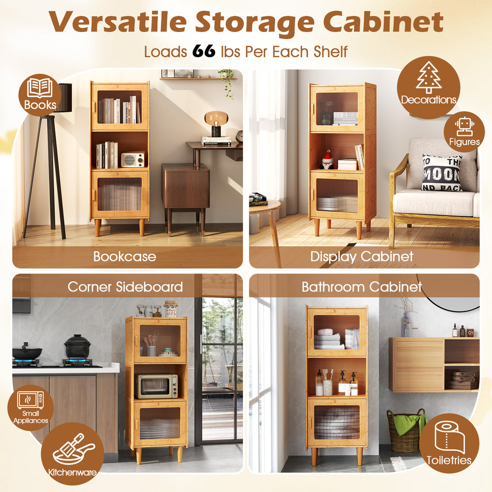 3-cube bamboo storage cabinet with open compartment and 2 acrylic doors, ideal for versatile home organization.