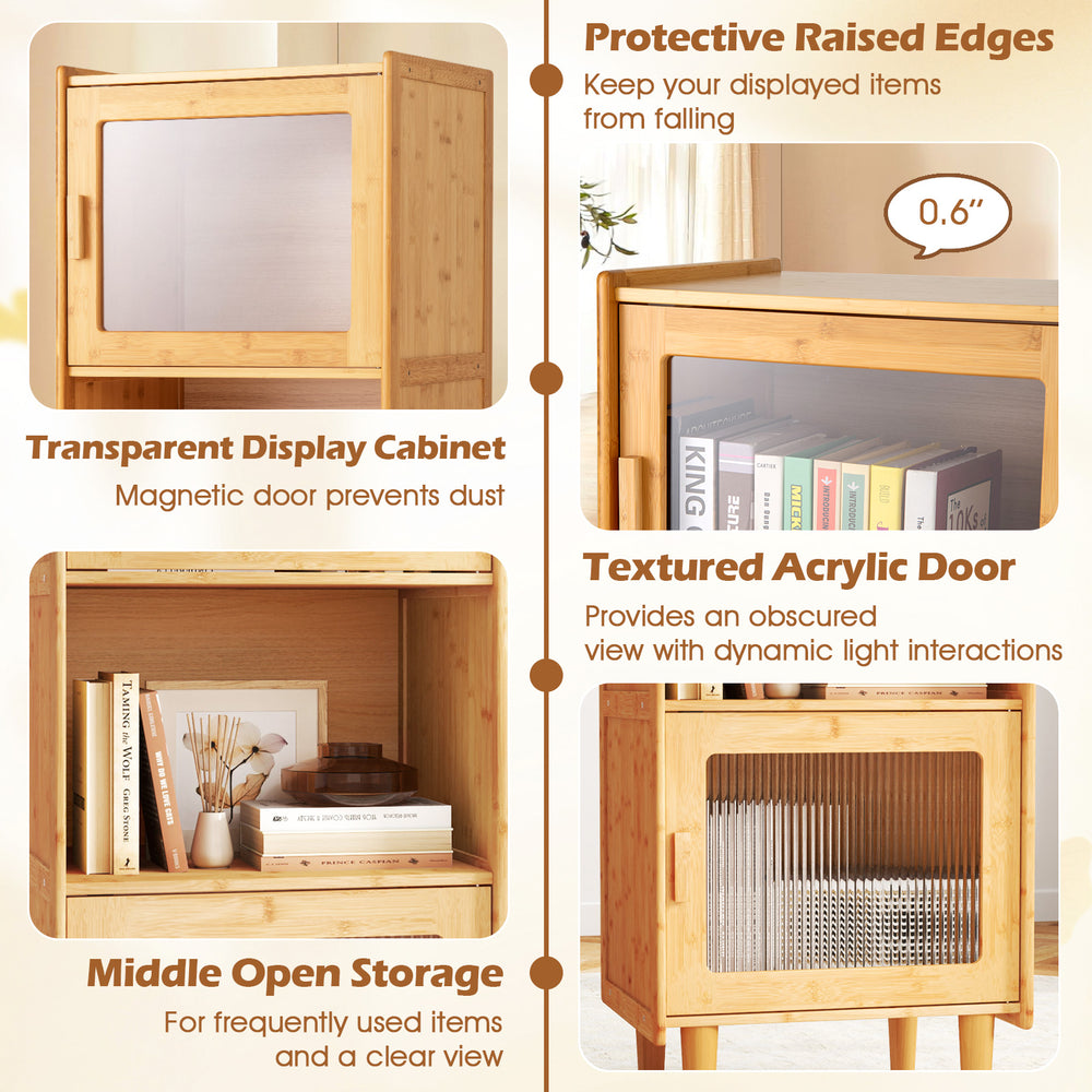 3-cube bamboo storage cabinet with open compartment and textured acrylic doors for versatile home organization.