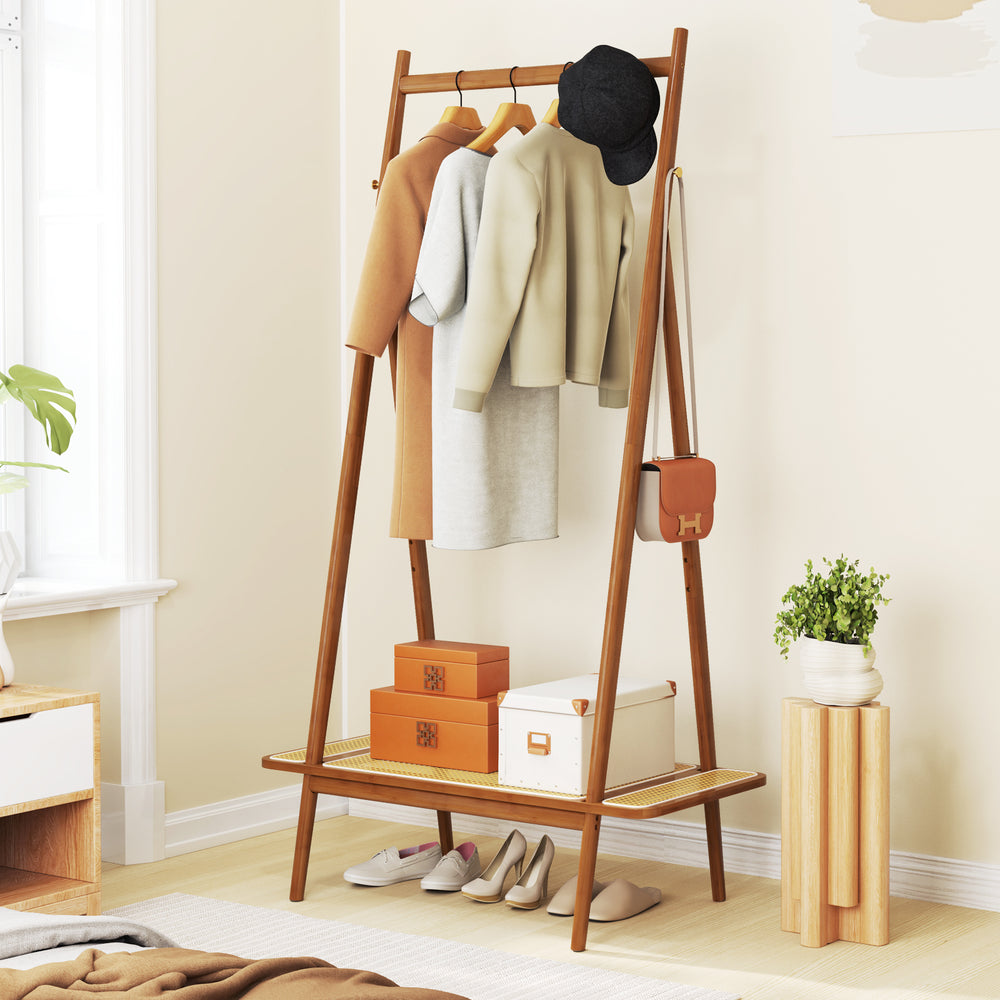 Bamboo Clothes Rack with Hanging Rod Rattan Shelf and Copper Hooks-Brown - Gallery View 1 of 11