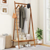 Bamboo clothes rack with hanging rod, rattan shelf, and copper hooks, ideal for organizing entryway or bedroom.